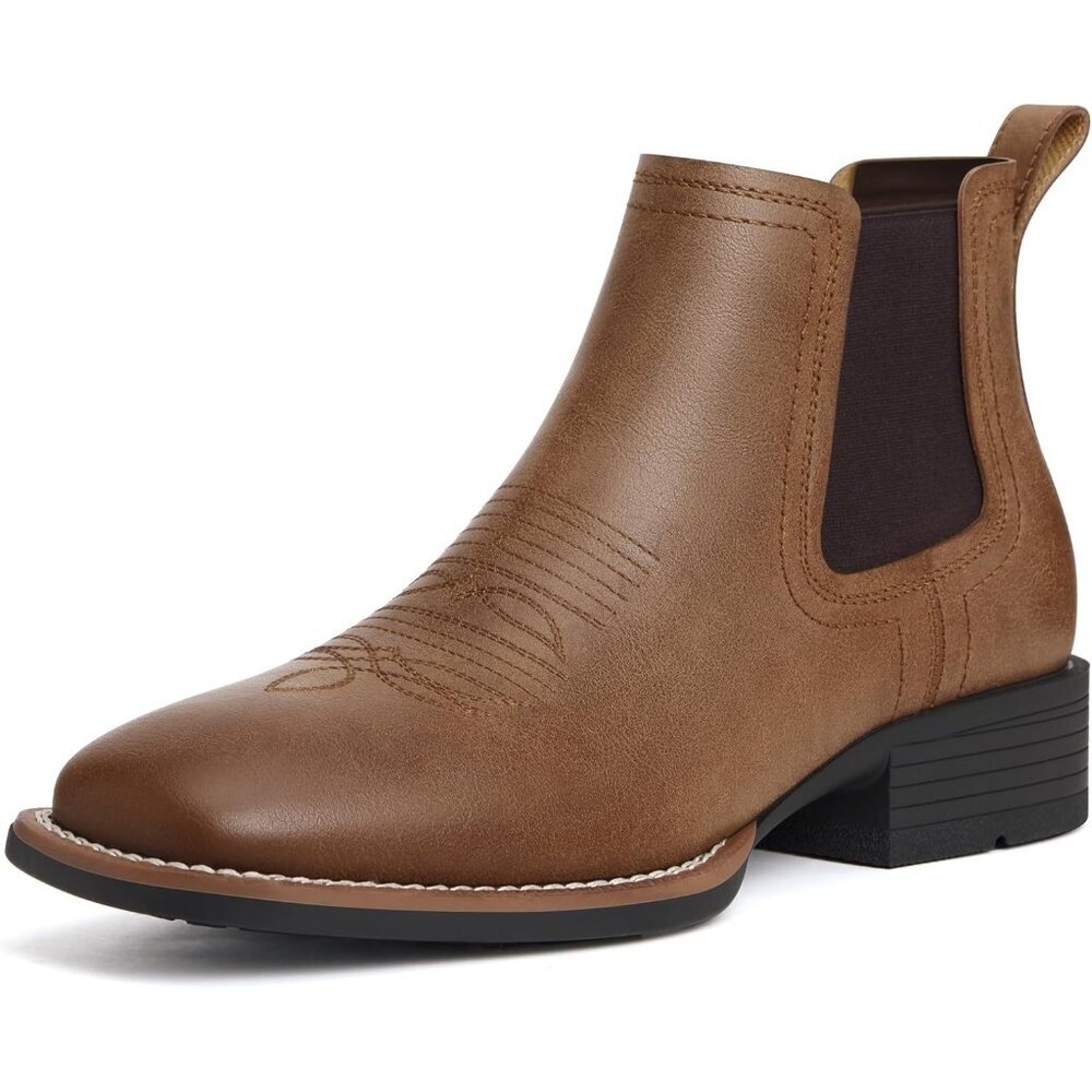 Men's Brown Cowboy Boots Square Toe Western Boots Slip On Casual Retro Boots